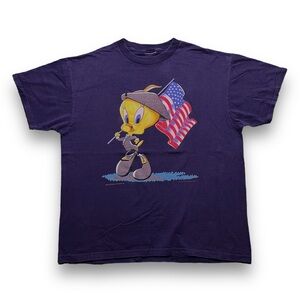 VINTAGE 90s 1995 Looney Tunes Blue Tweety Bird American Flag Tee Size XL WB OBO